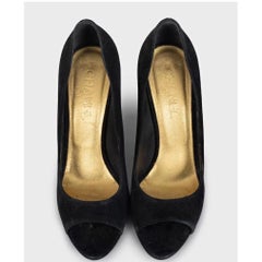 Chanel Black Suede Gold Accent Open Toe Pumps Sz 40