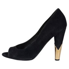 Chanel Black Suede Gold Accent Open Toe Pumps Sz 40