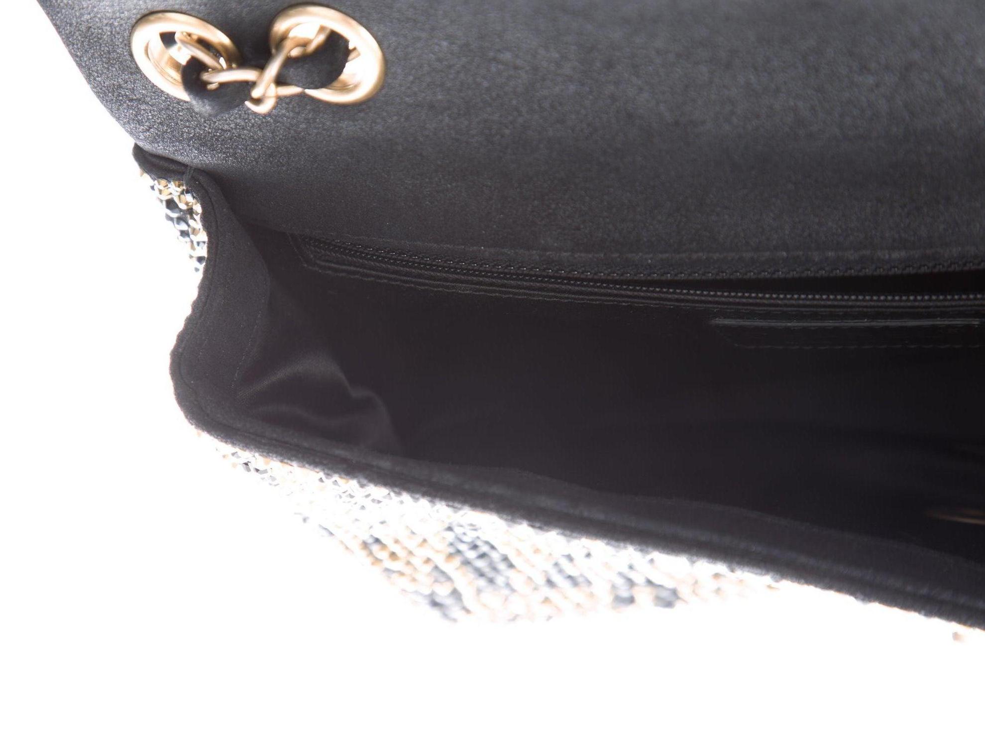 Chanel Black Suede Gray Gold Crystal Medium Evening Shoulder Flap Bag In Good Condition In Chicago, IL