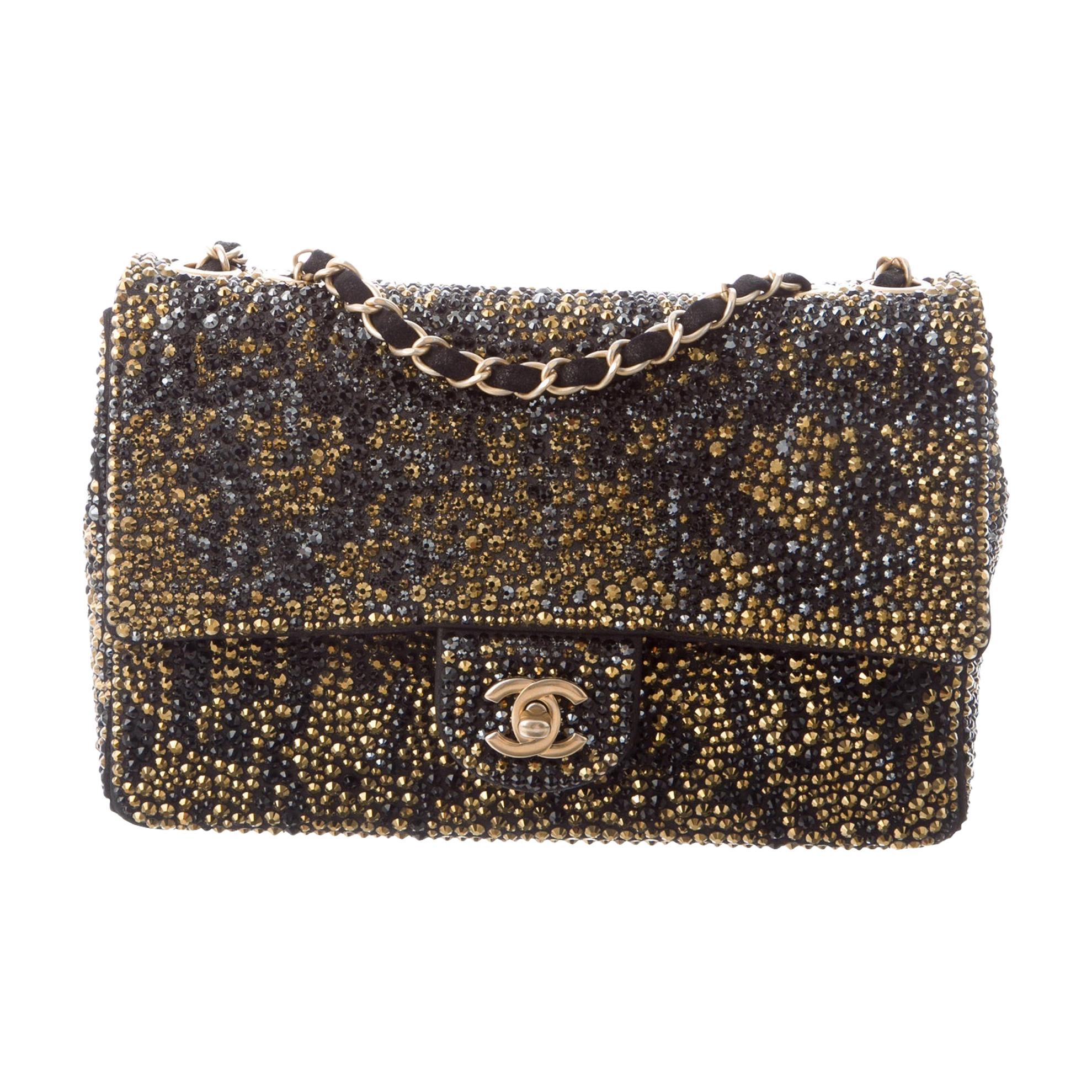 Chanel Black Suede Gray Gold Crystal Medium Evening Shoulder Flap Bag