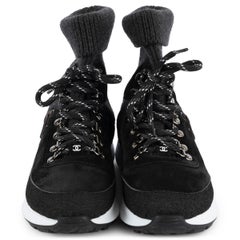 CHANEL black suede & grey knit 2021 21S SOCK HIGH TOP Sneakers Shoes 38