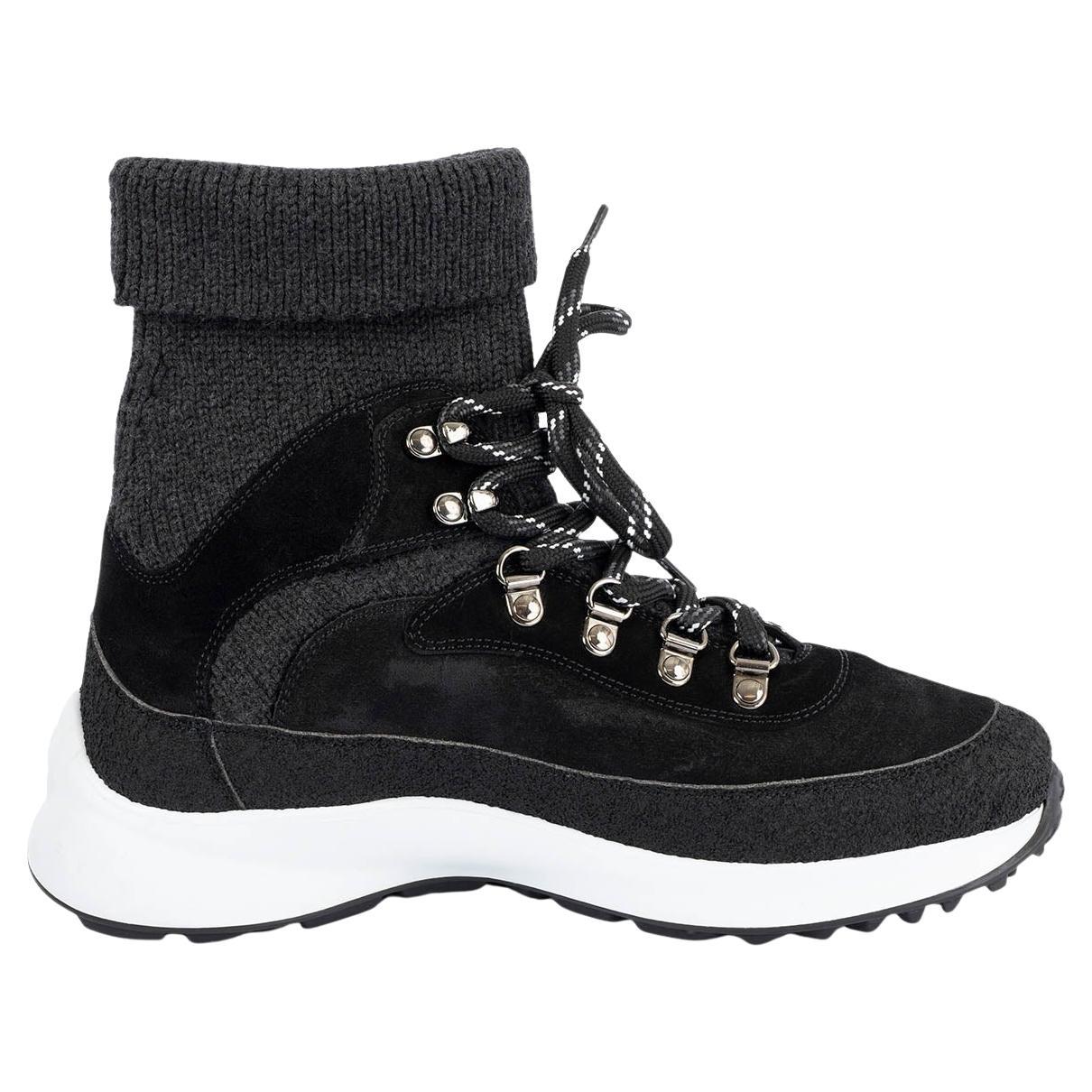 CHANEL black suede & grey knit 2021 21S SOCK HIGH TOP Sneakers Shoes 38 For Sale
