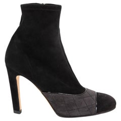 CHANEL black suede GREY QUILTED DETAIL Ankle Boots Shoes 38.5 C