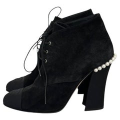 Chanel Black Suede Lace Up Pearls Booties - Size 38.5