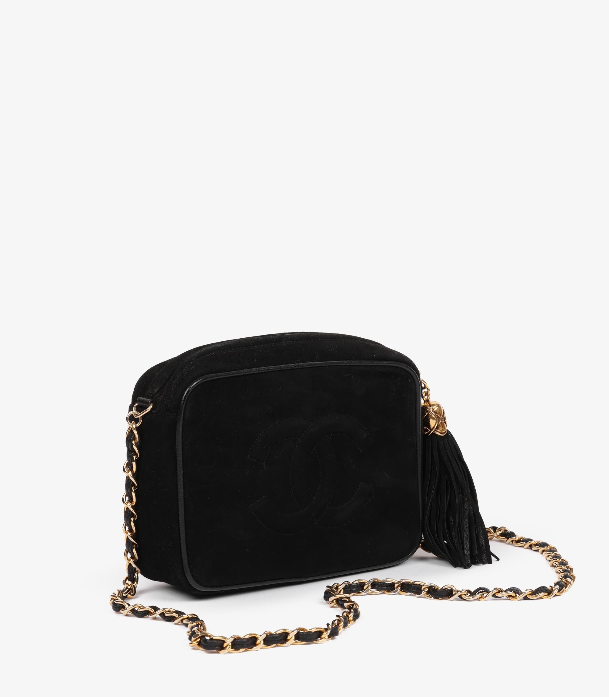 Chanel Mini bolso de cámara de ante y piel de cordero negra Vintage Timeless Fringe Negro en venta