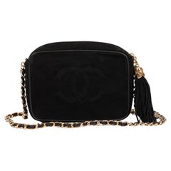 Chanel Mini bolso de cámara de ante y piel de cordero negra Vintage Timeless Fringe