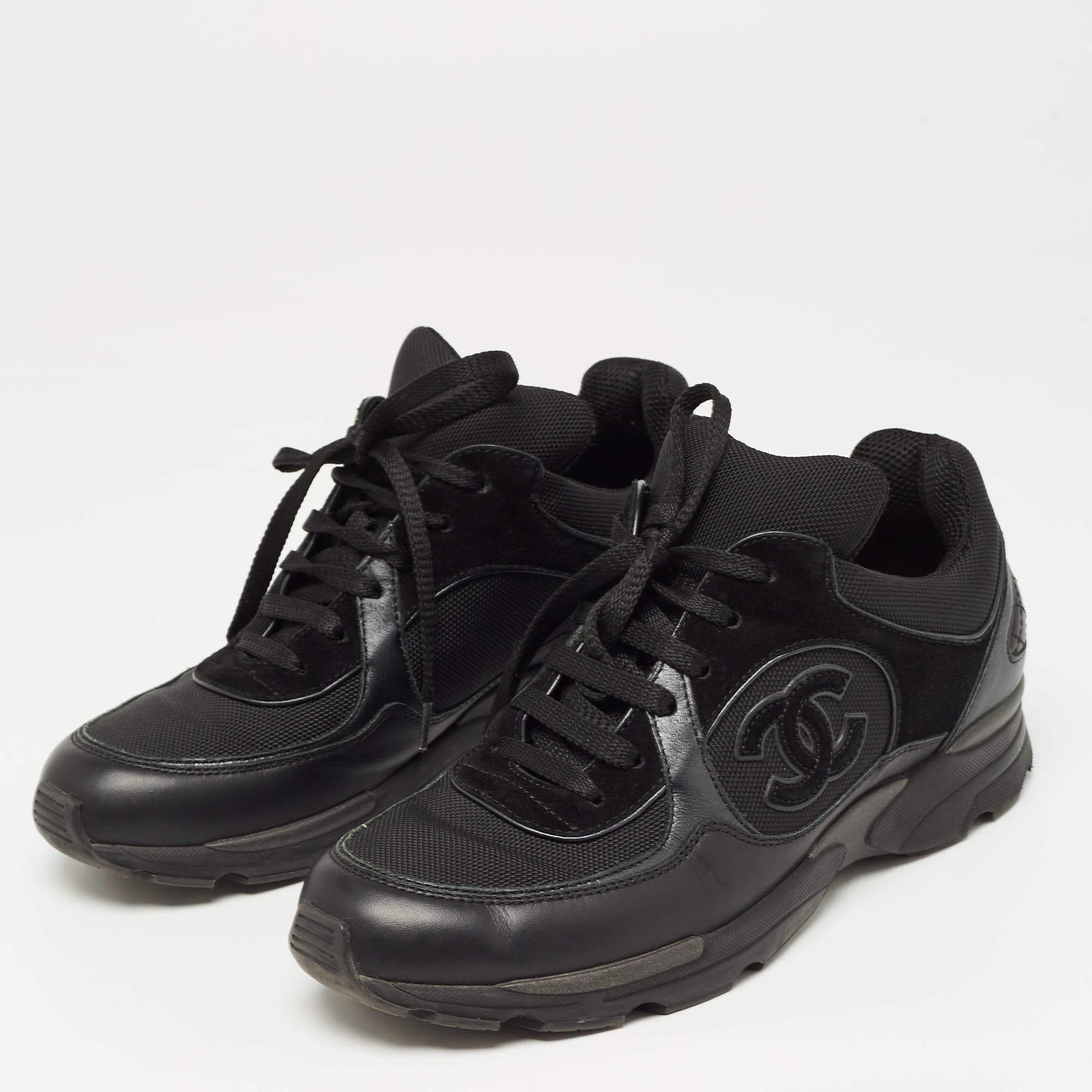Women's Chanel Black Suede Leather And Fabric CC Lace Up Sneakers Size 39