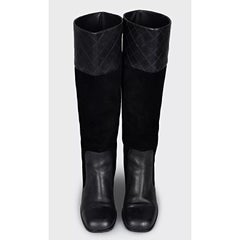 CHANEL Black Suede & Leather Block Heel Boots EU 37 Pre-owned