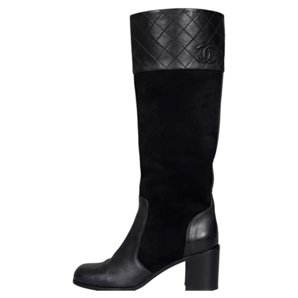 Pre-owned Chanel Black Suede & Leather Block Heel Boots Eu 37