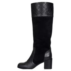CHANEL Black Suede & Leather Block Heel Boots EU 37 Pre-owned