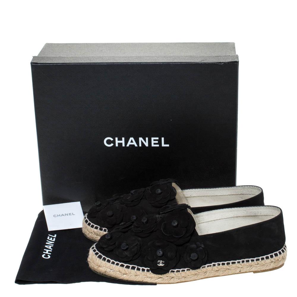 Chanel Black Suede Leather CC Camellia Flower Espadrilles Flats Size 41 4
