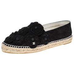 Chanel Black Suede Leather CC Camellia Flower Espadrilles Flats Size 41