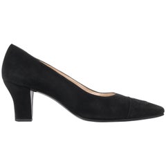 CHANEL Black Suede Leather "CC" Cap Snip Toe Kitten Heel Classic Pumps