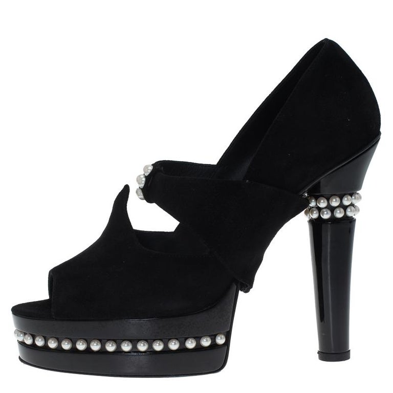 Chanel Black Suede Leather Moscow Collection Pearl Trim Platform Pumps ...