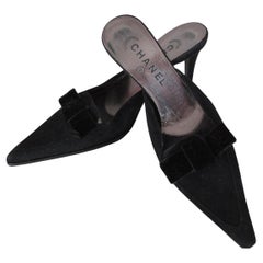 Chanel Black Suede Leather Mule Heels Velvet Bow