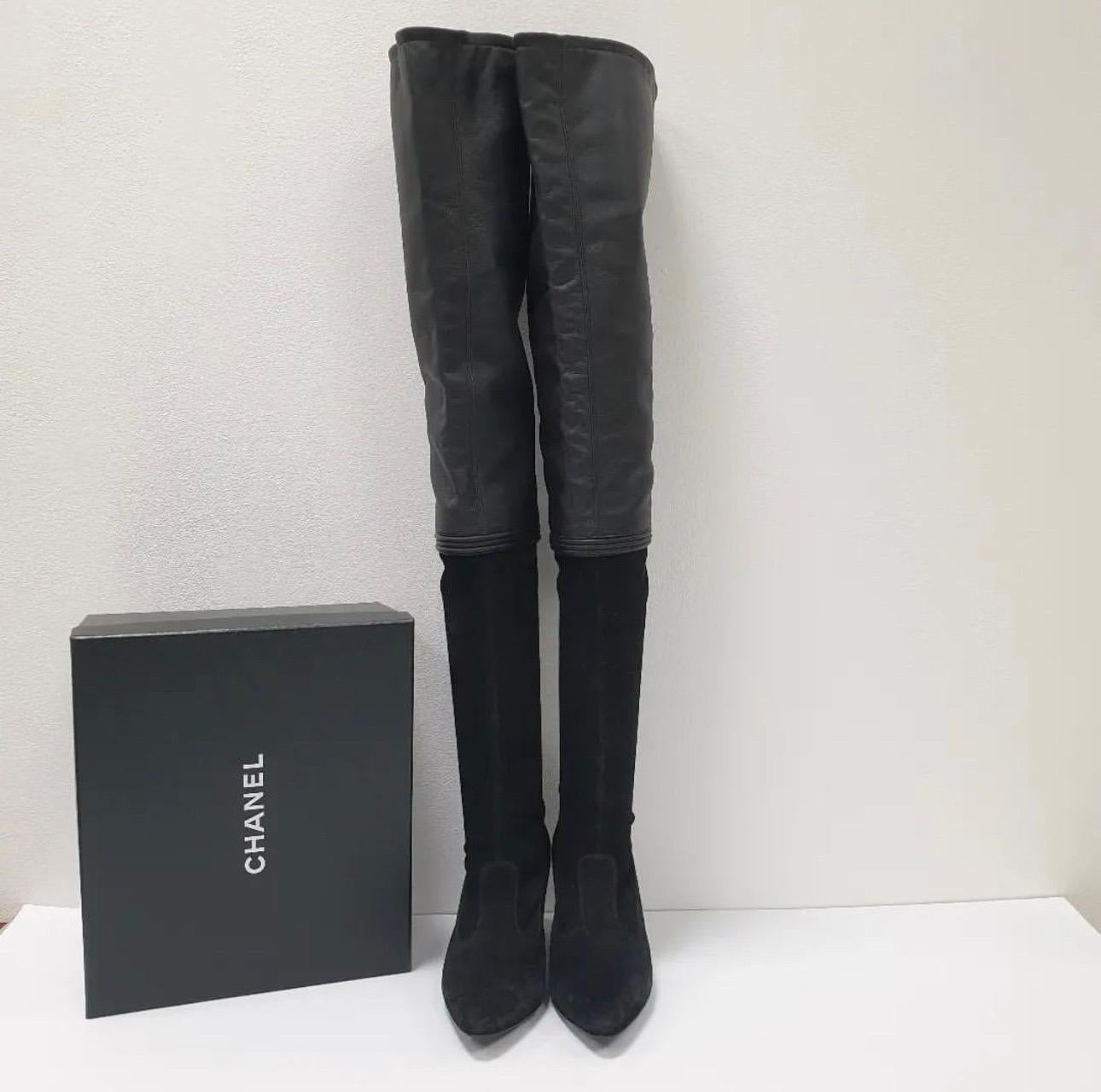 Women's Chanel Black Suede Leather Over Knee Boots For Sale