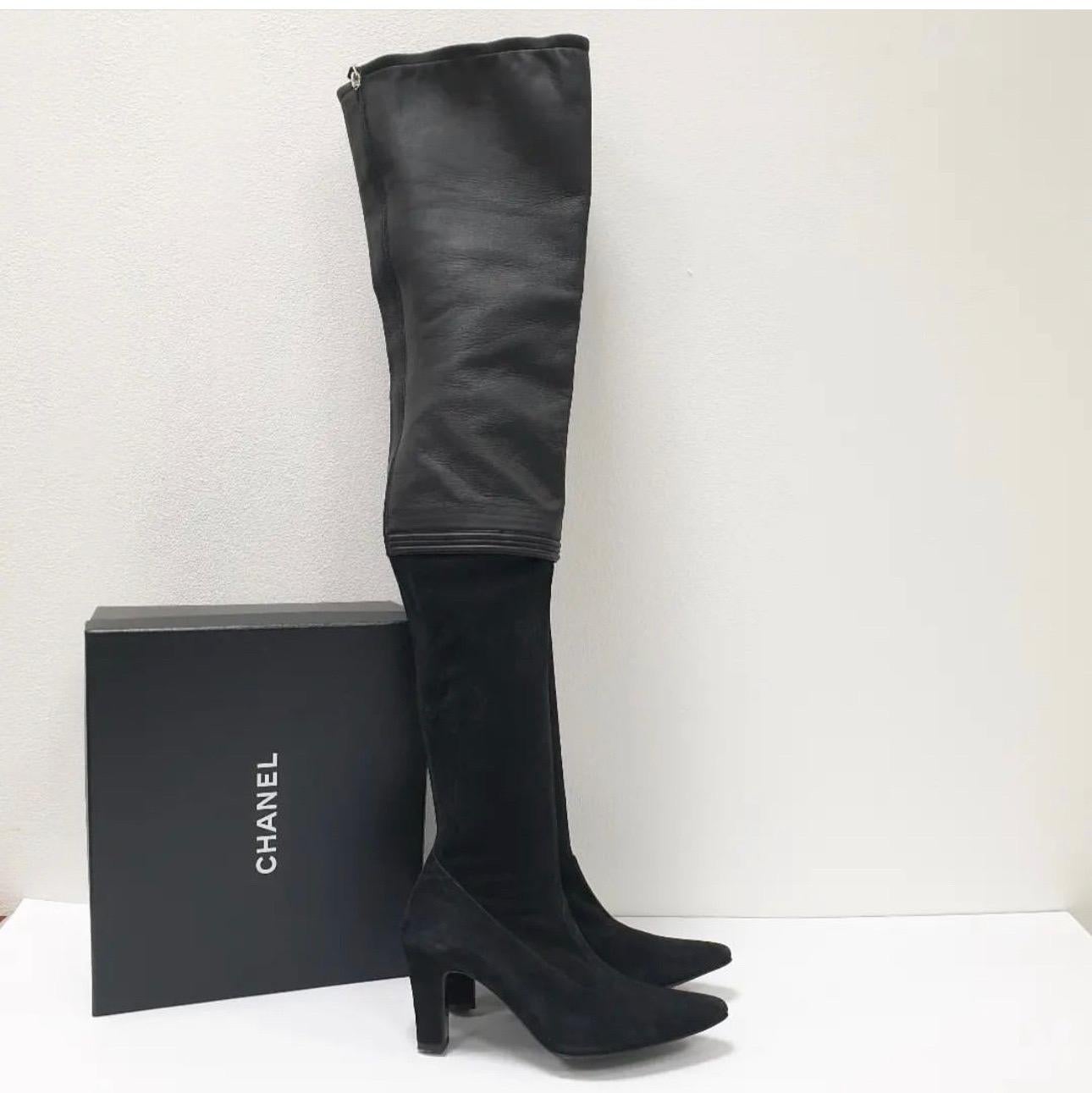 Chanel Black Suede Leather Over Knee Boots For Sale 1