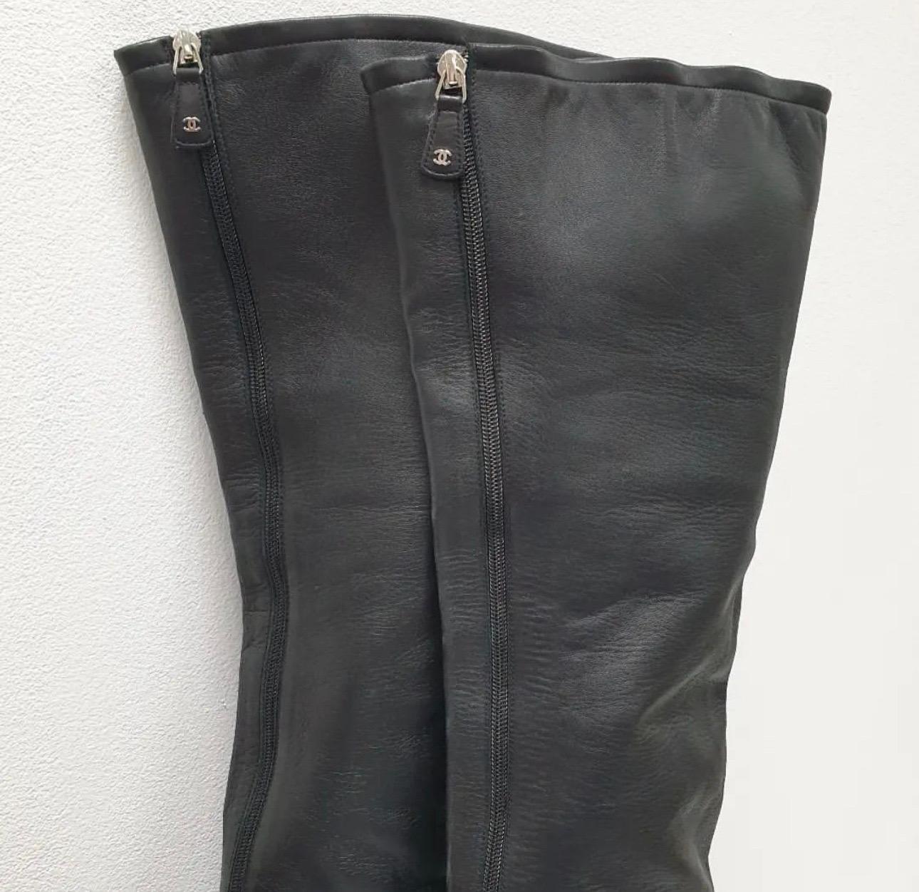 Chanel Black Suede Leather Over Knee Boots For Sale 3