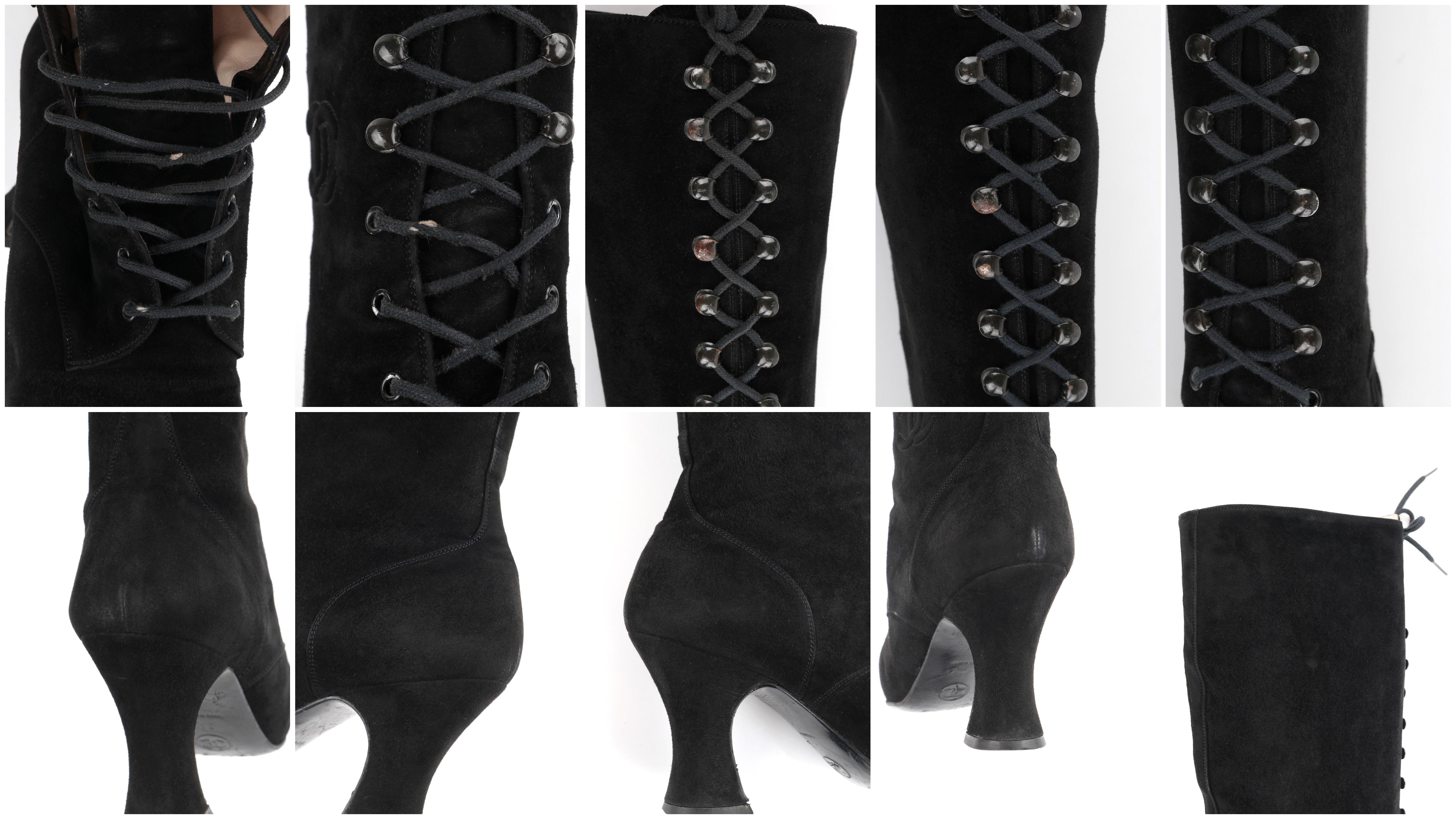 CHANEL Black Suede Leather Victorian Look Knee-High Lace Up Pointed Toe Boots For Sale 7