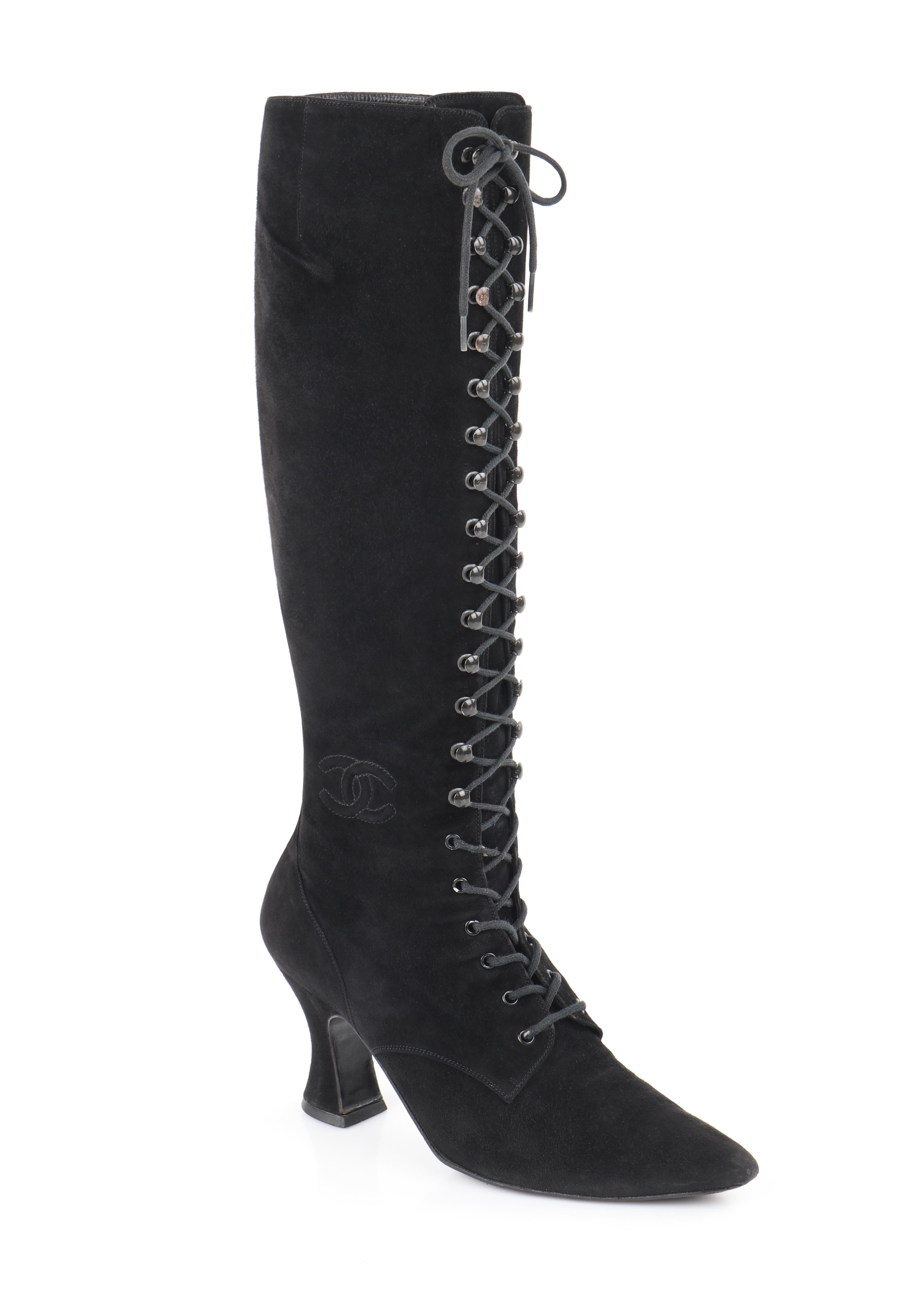 CHANEL Black Suede Leather Victorian Look Knee-High Lace Up Pointed Toe Boots

Brand / Manufacturer: Chanel 
Designer: Karl Lagerfeld
Style: Knee-High boots
Color(s): Shades of black
Lined: Yes
Unmarked Fabric Content (feel of): Suede (primary