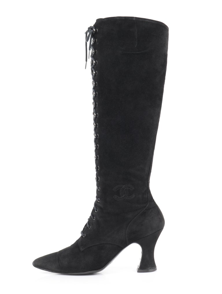 Chanel Black Leather 2016 Lace-Up Cutout CC Knee High Boots Size 38 – OPA  Vintage