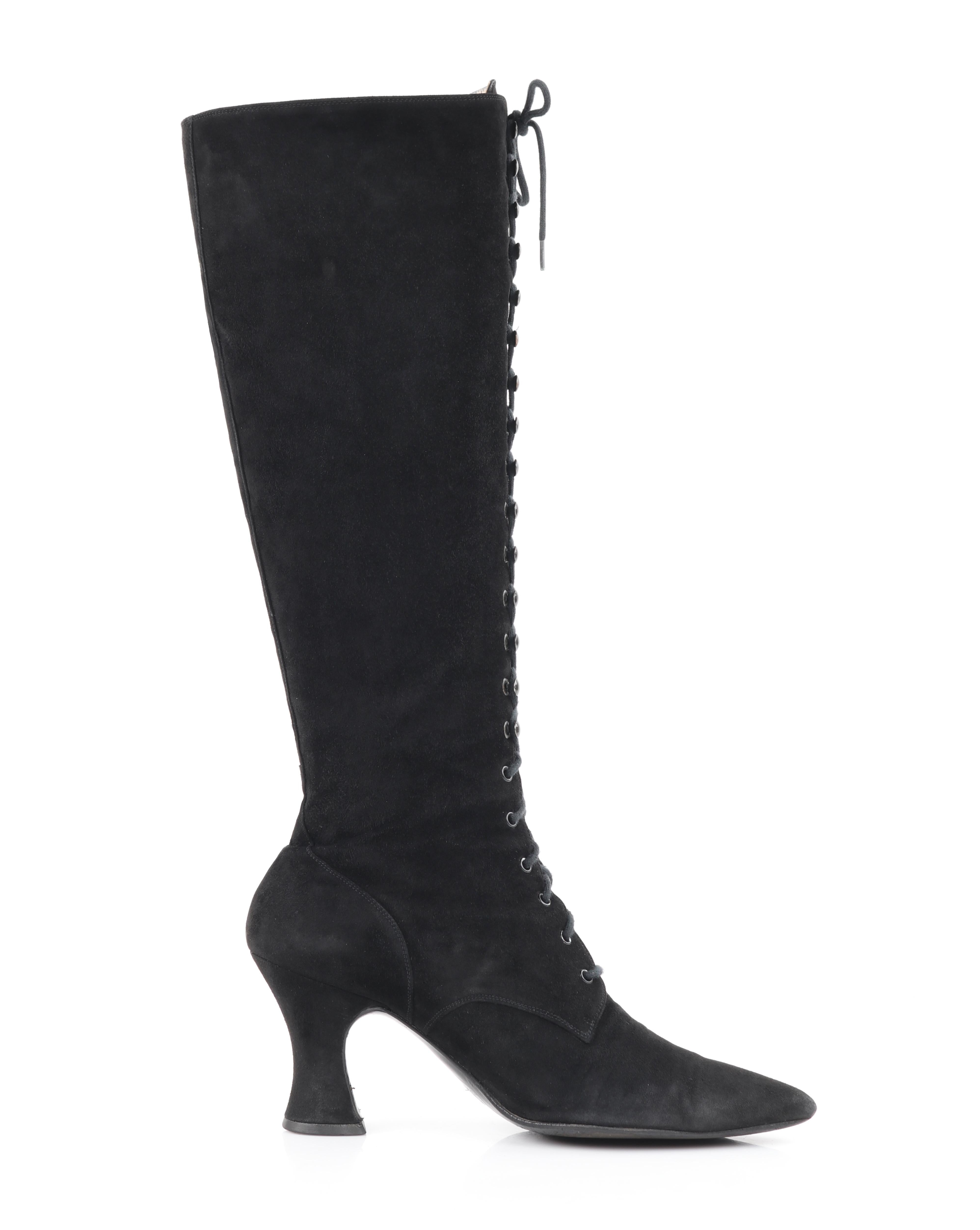 CHANEL Black Suede Leather Victorian Look Knee-High Lace Up Pointed Toe Boots In Fair Condition For Sale In Thiensville, WI