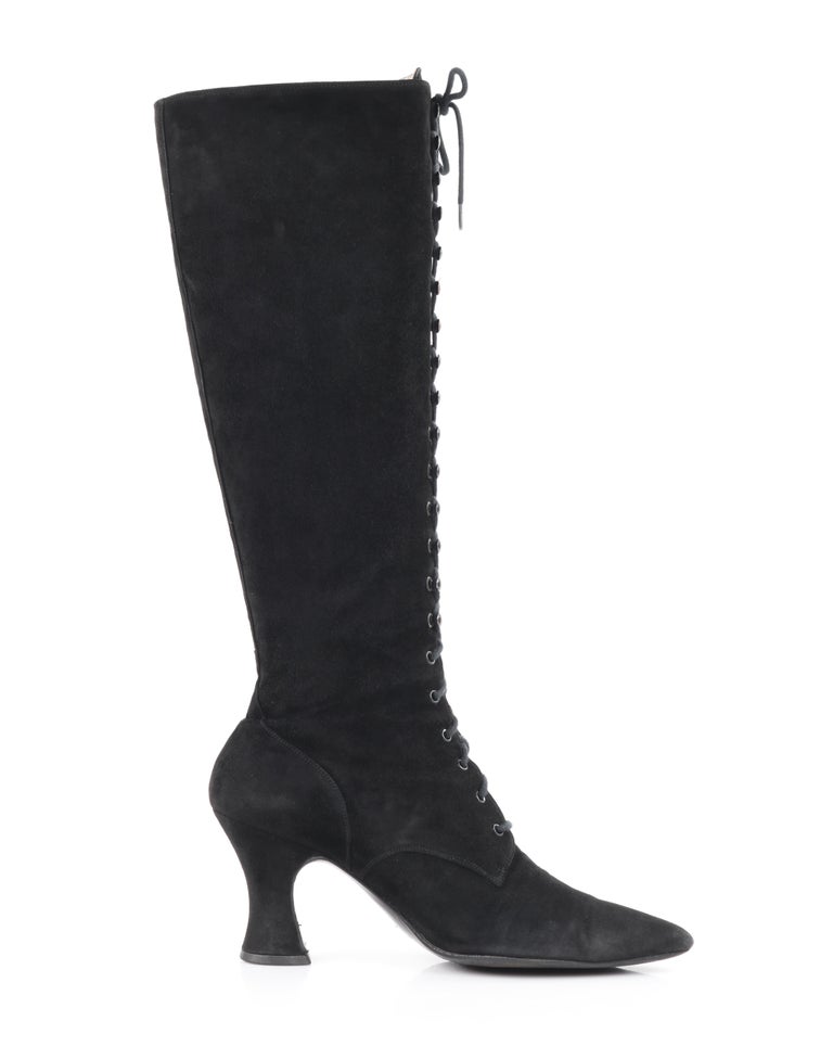 CHANEL Black Suede Leather Victorian Look Knee-High Lace Up Pointed Toe ...