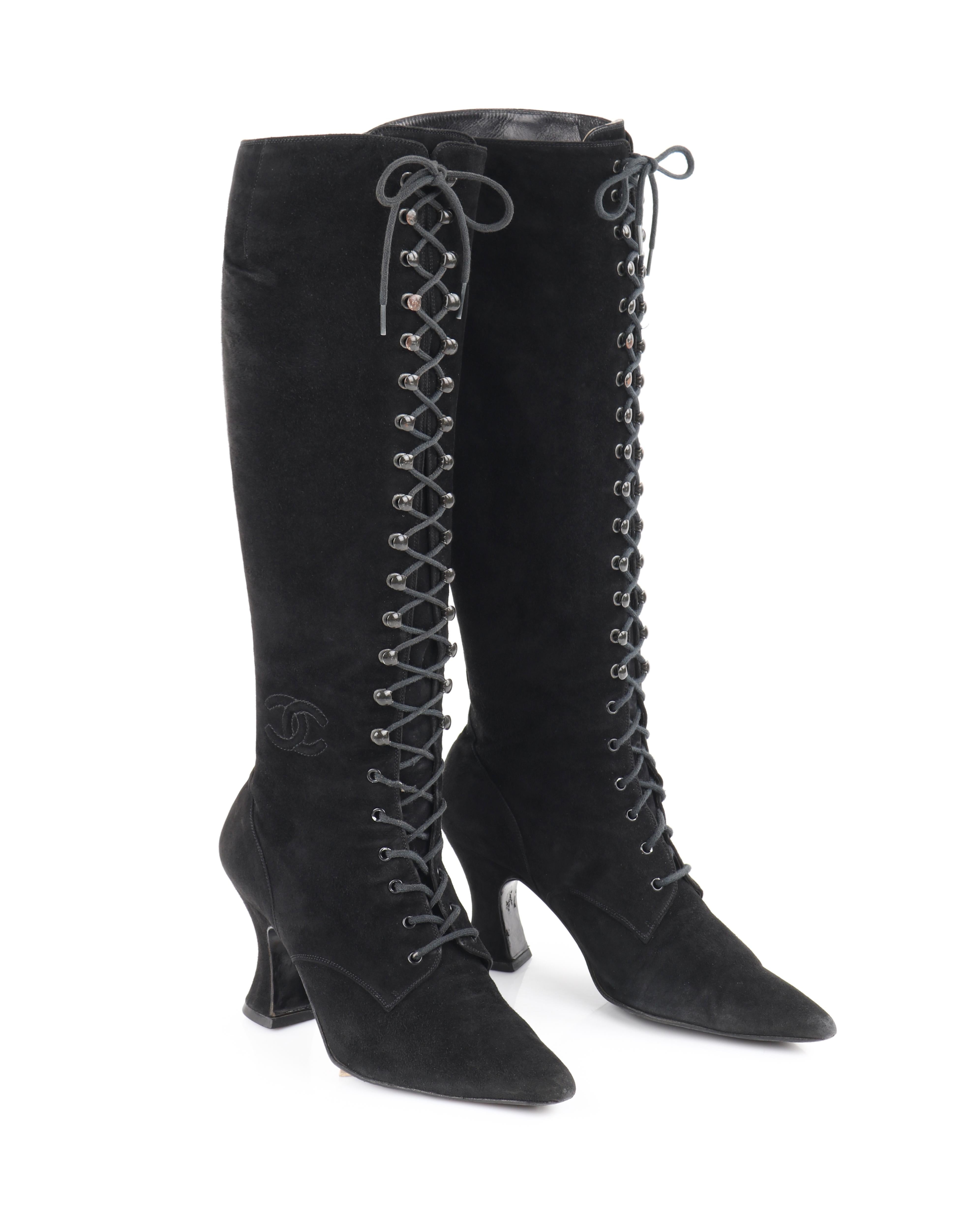 Women's CHANEL Black Suede Leather Victorian Look Knee-High Lace Up Pointed Toe Boots For Sale