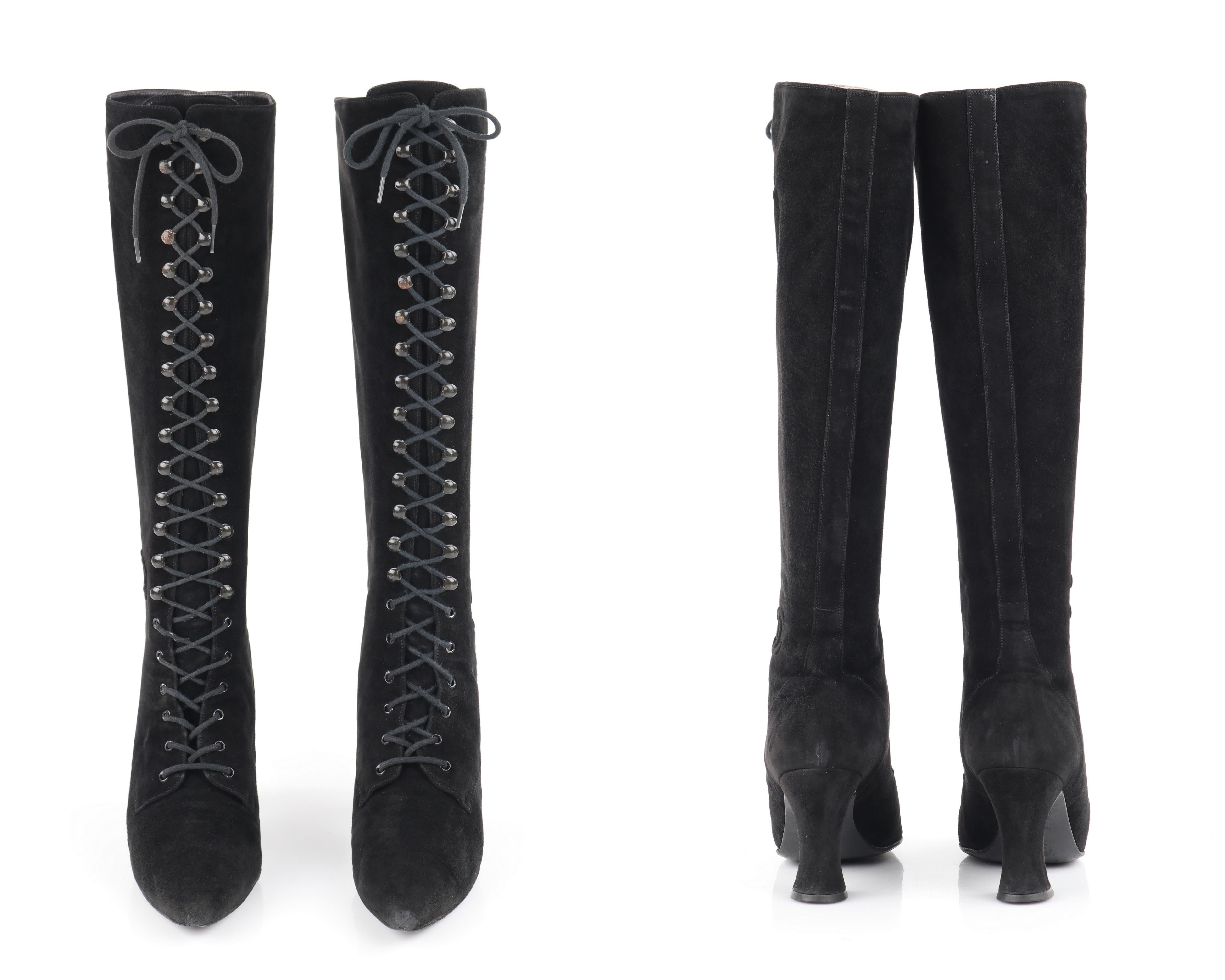 CHANEL Black Suede Leather Victorian Look Knee-High Lace Up Pointed Toe Boots For Sale 1