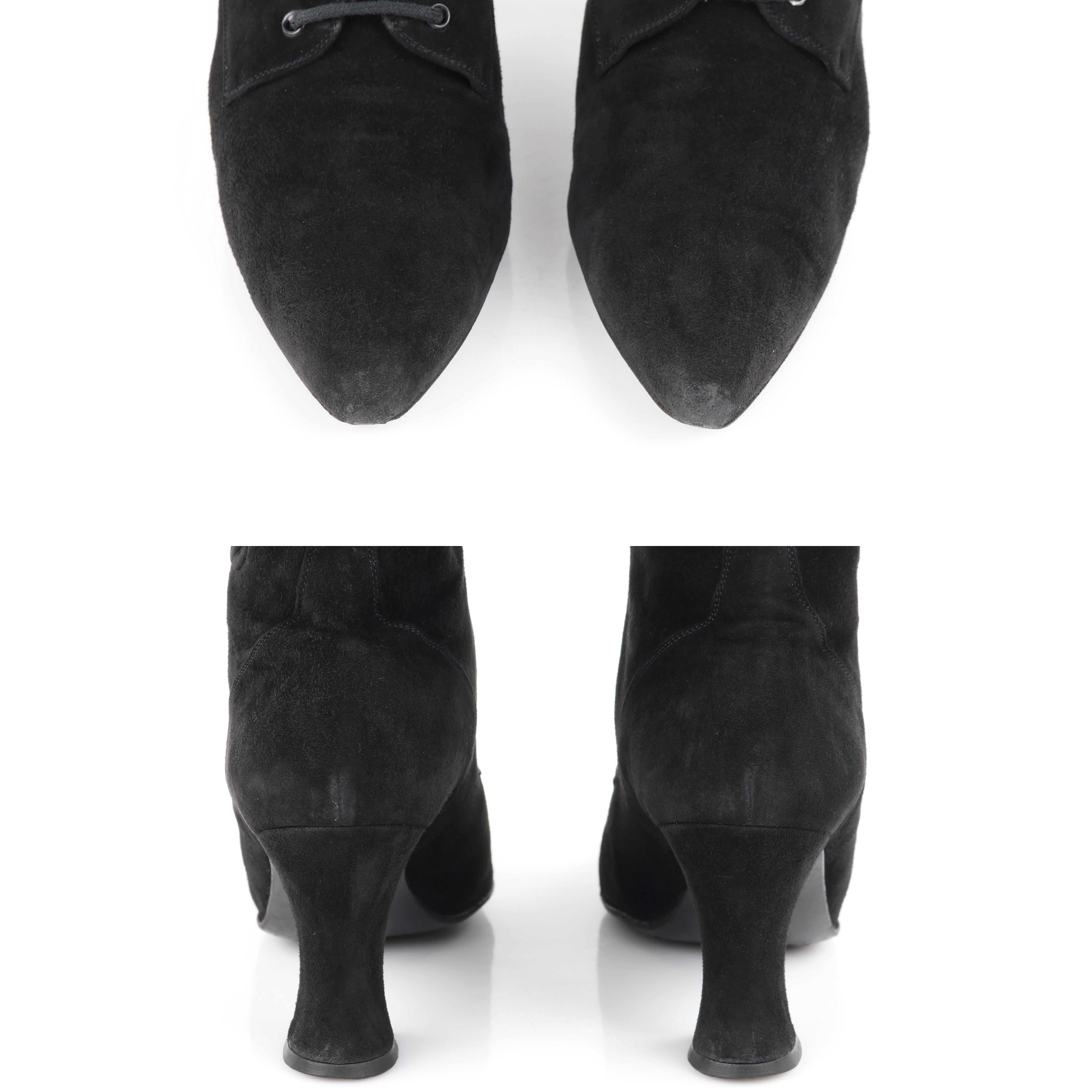 CHANEL Black Suede Leather Victorian Look Knee-High Lace Up Pointed Toe Boots For Sale 2