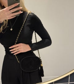 Chanel Black Suede & Leather Vintage Mini Oval Timeless Fringe Shoulder Bag