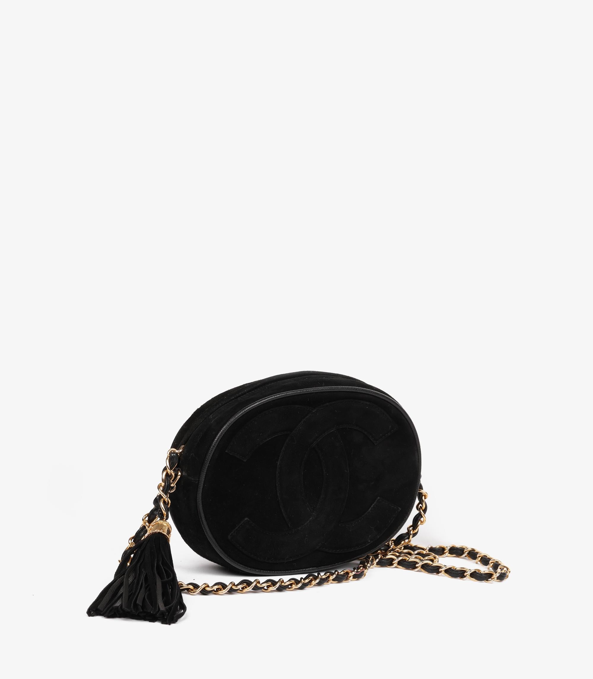 Noir Chanel Black Suede & Leather Vintage Mini Oval Timeless Fringe Shoulder Bag en vente