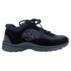 CHANEL black suede & mesh REV Sneakers Shoes 38.5