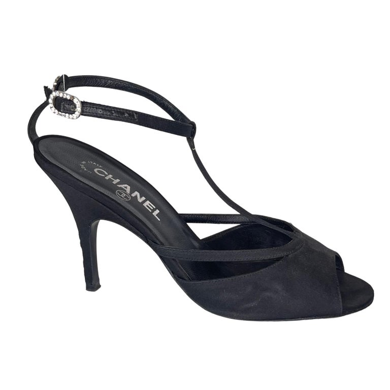 Chanel Black Suede Open Toe Sandal Pump (38.5 EU) For Sale at 1stDibs
