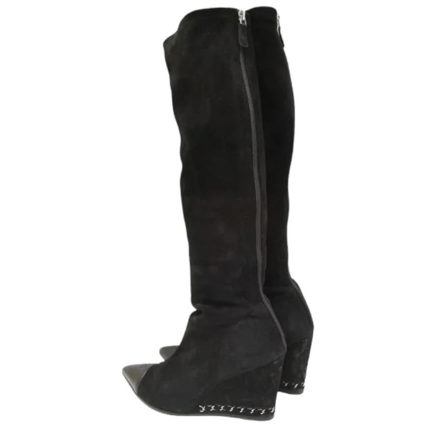 Noir Chanel Black Suede Over The Knee Leather Boots Pointed Wedge Silver Chain 40.5