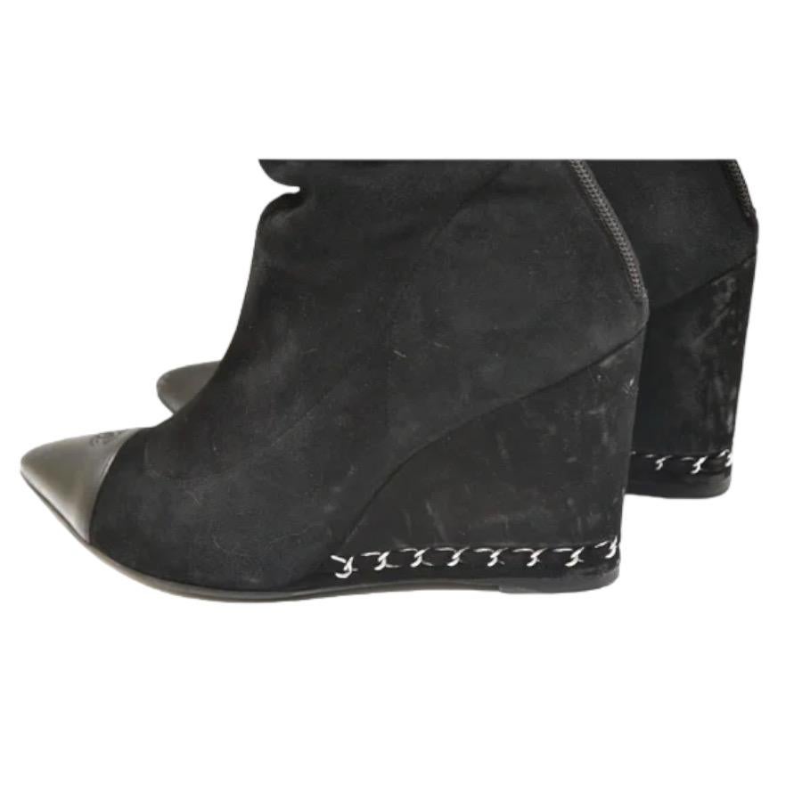 Chanel Black Suede Over The Knee Leather Boots Pointed Wedge Silver Chain 40.5 For Sale 1