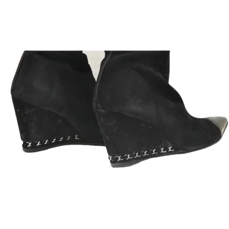 Chanel Black Suede Over The Knee Leather Boots Pointed Wedge Silver Chain 40.5 1