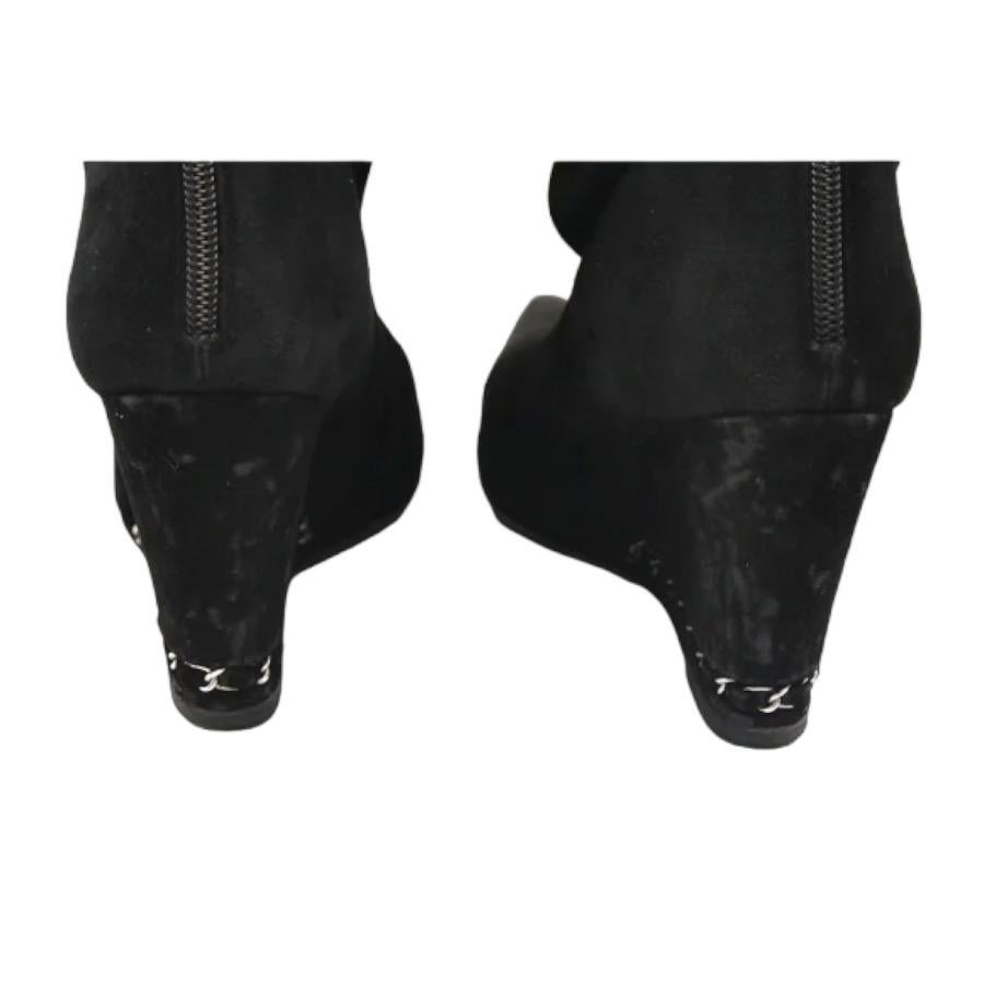 Chanel Black Suede Over The Knee Leather Boots Pointed Wedge Silver Chain 40.5 2