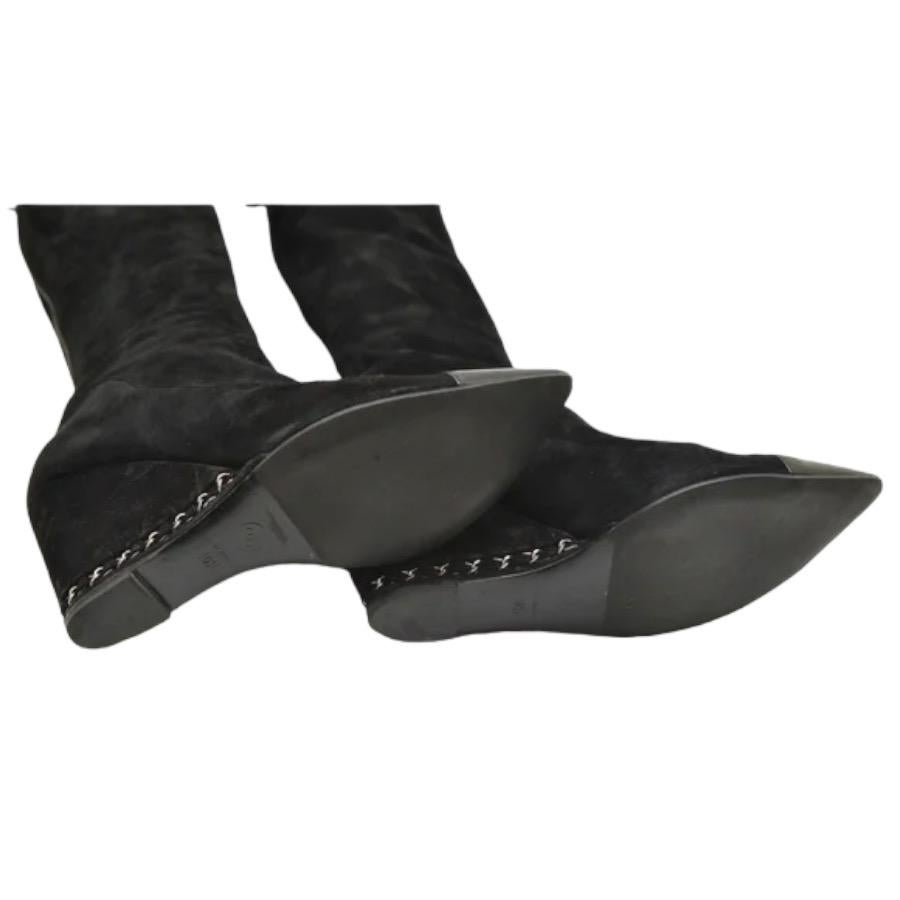 Chanel Black Suede Over The Knee Leather Boots Pointed Wedge Silver Chain 40.5 3