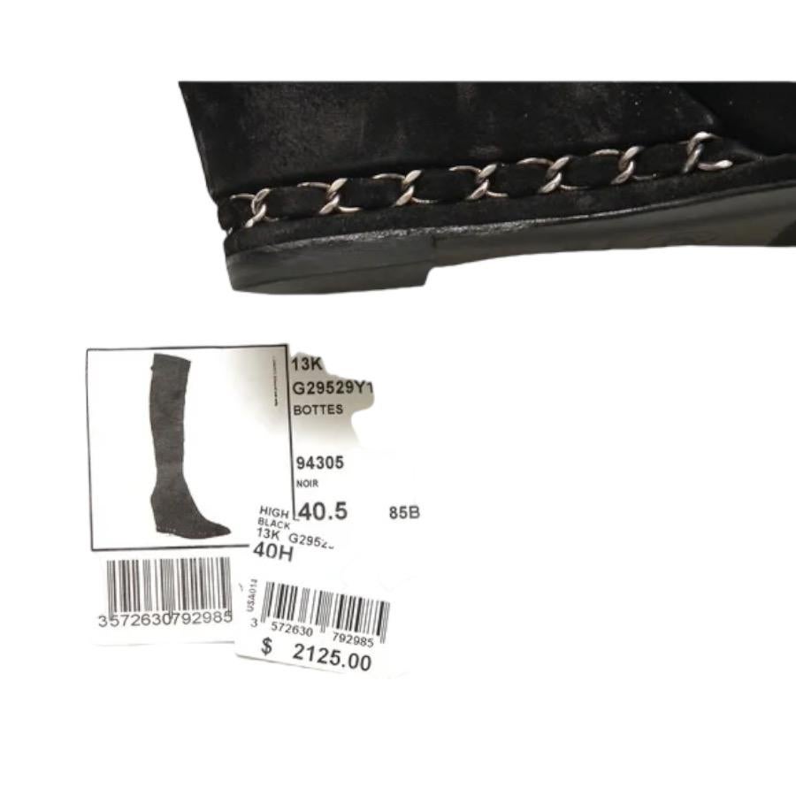 Chanel Black Suede Over The Knee Leather Boots Pointed Wedge Silver Chain 40.5 4