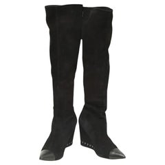 Chanel Black Suede Over The Knee Leather Boots Pointed Wedge Silver Chain 40.5