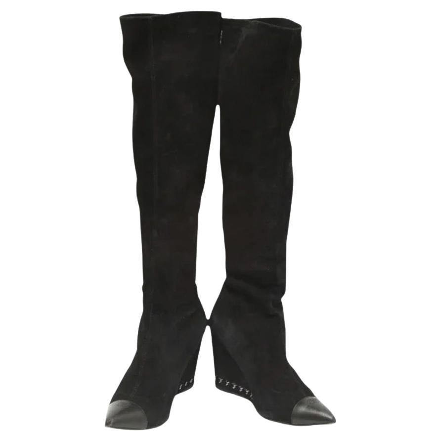 Chanel Black Suede Over The Knee Leather Boots Pointed Wedge Silver Chain 40.5 For Sale