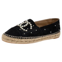 Chanel Black Suede Pearl CC Espadrilles Flats Size 41