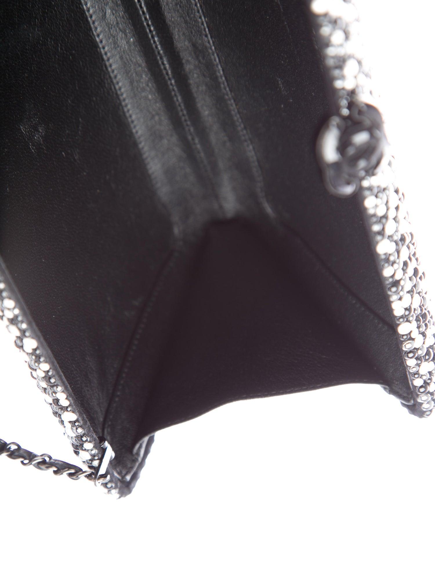 Women's Chanel Black Suede Pearl Chain Logo Evening Envelope Shoulder Box Clutch Bag