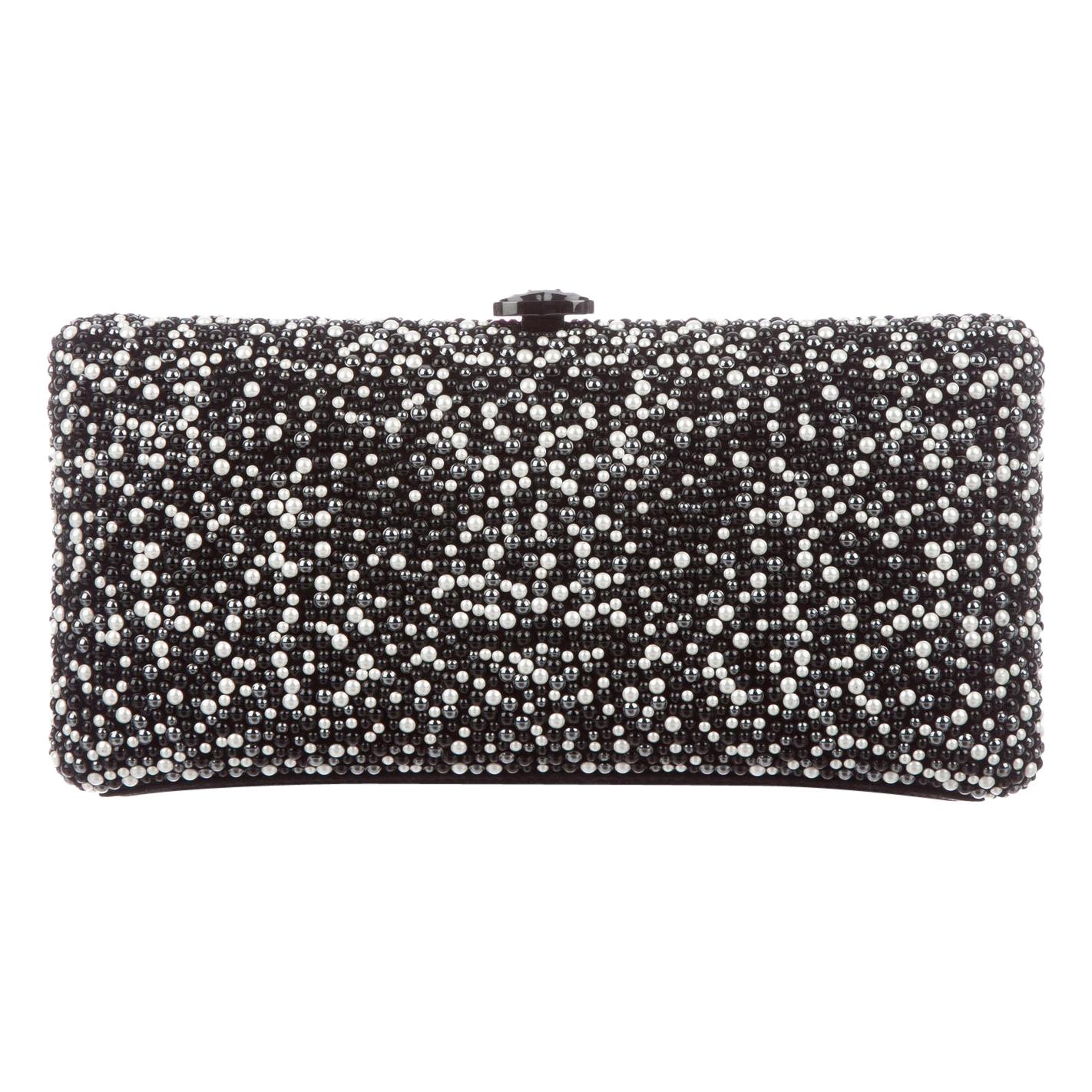 Chanel Black Suede Pearl Chain Logo Evening Envelope Shoulder Box Clutch Bag