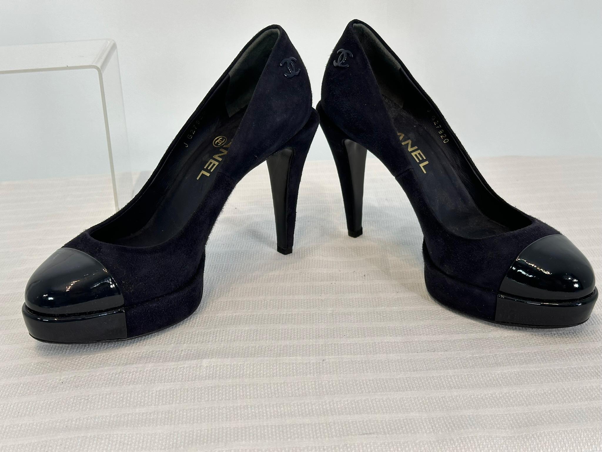 Chanel Black Suede Platform High Heels with Patent Leather Toe Caps 36 For Sale 8