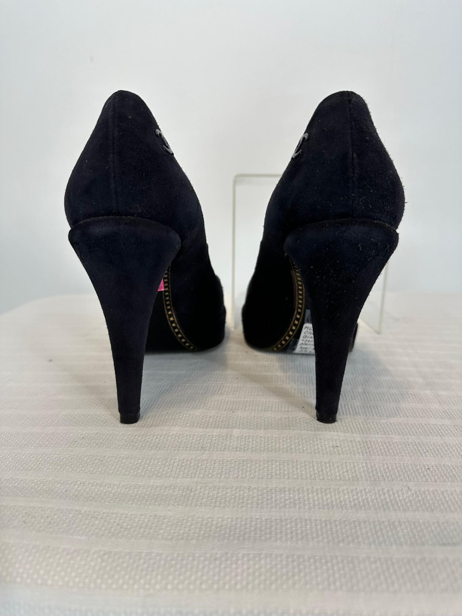 Women's Chanel Black Suede Platform High Heels with Patent Leather Toe Caps 36 For Sale