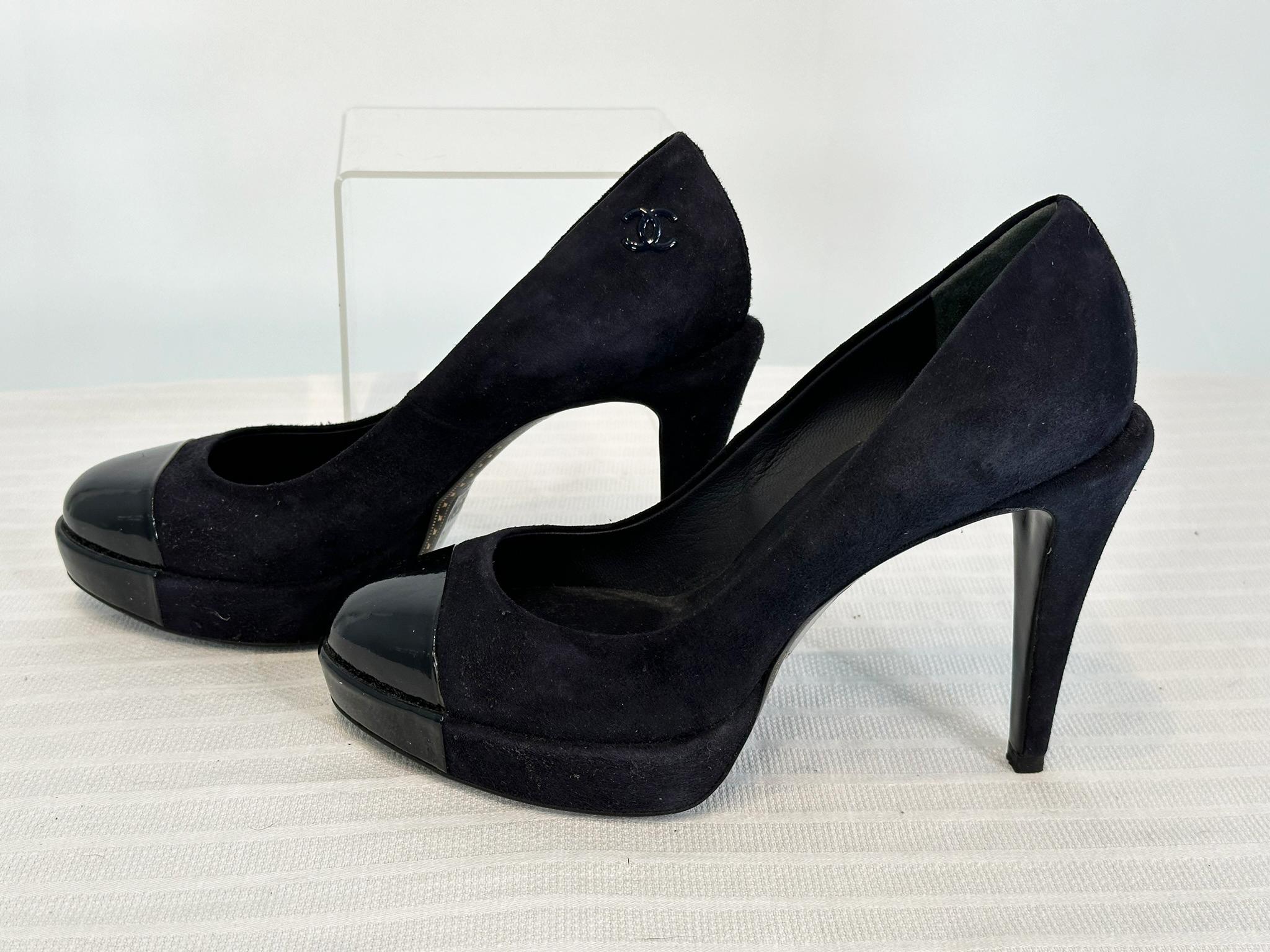 Chanel Black Suede Platform High Heels with Patent Leather Toe Caps 36 For Sale 1