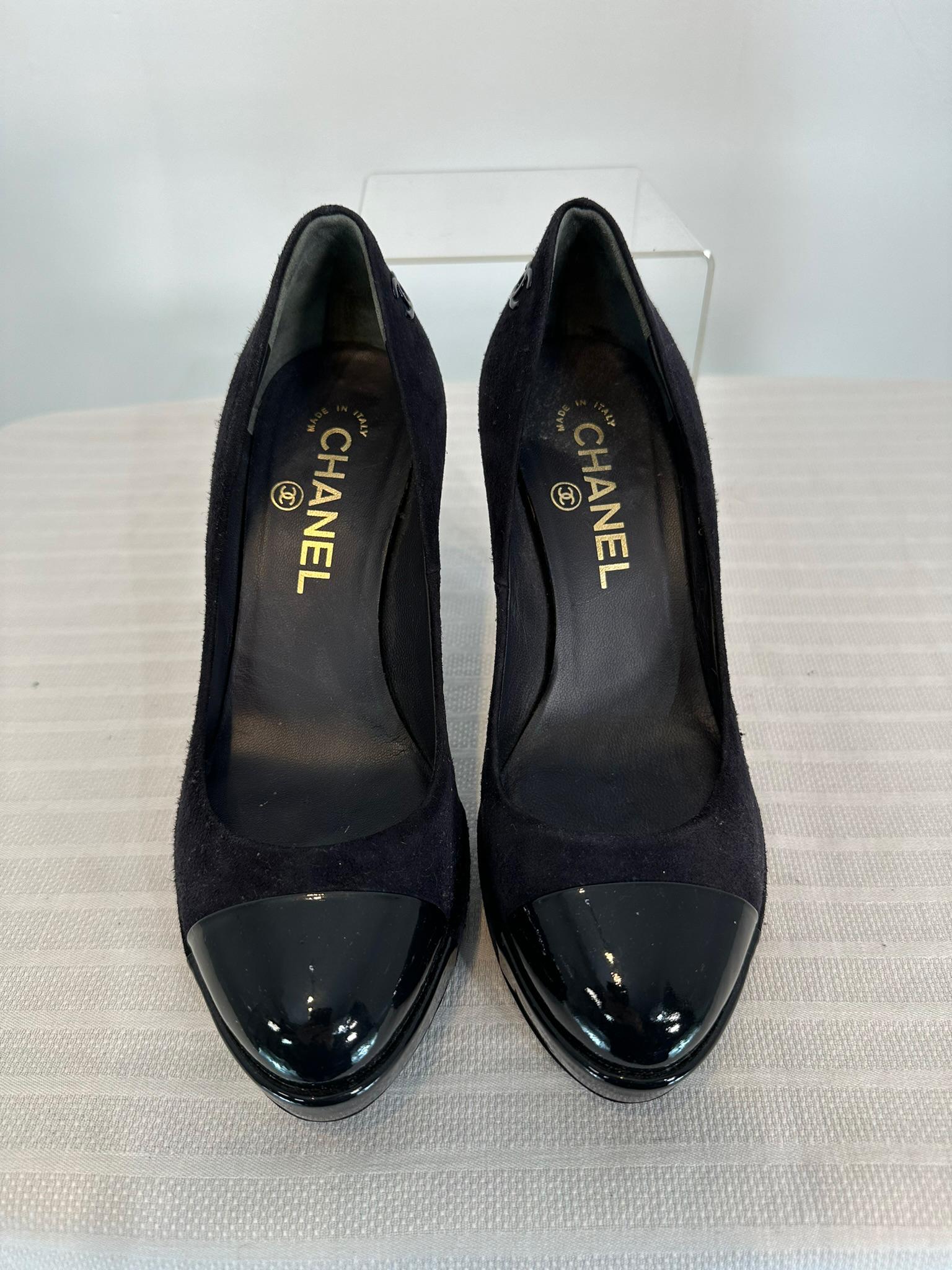 Chanel Black Suede Platform High Heels with Patent Leather Toe Caps 36 For Sale 3