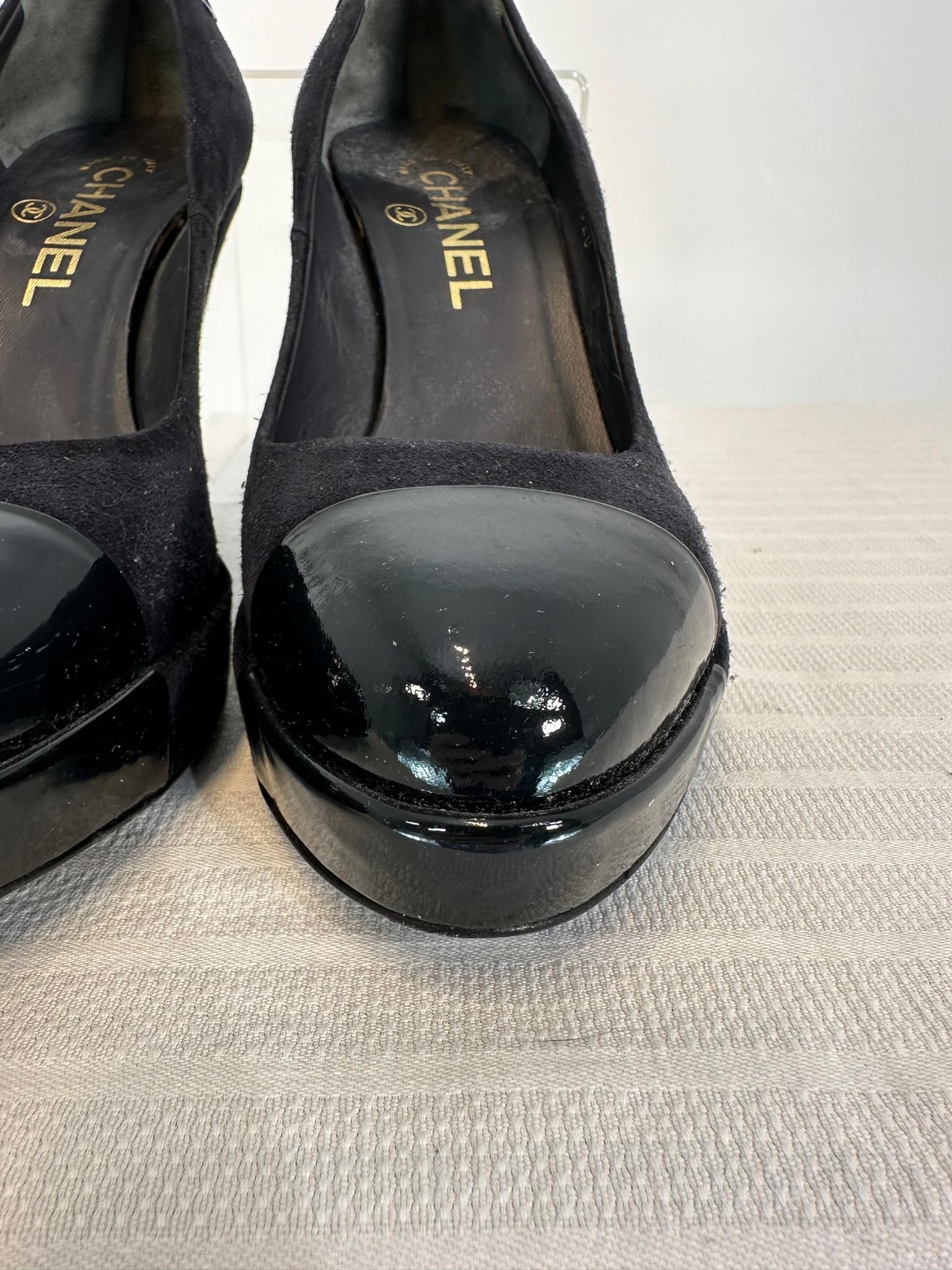 Chanel Black Suede Platform High Heels with Patent Leather Toe Caps 36 For Sale 5